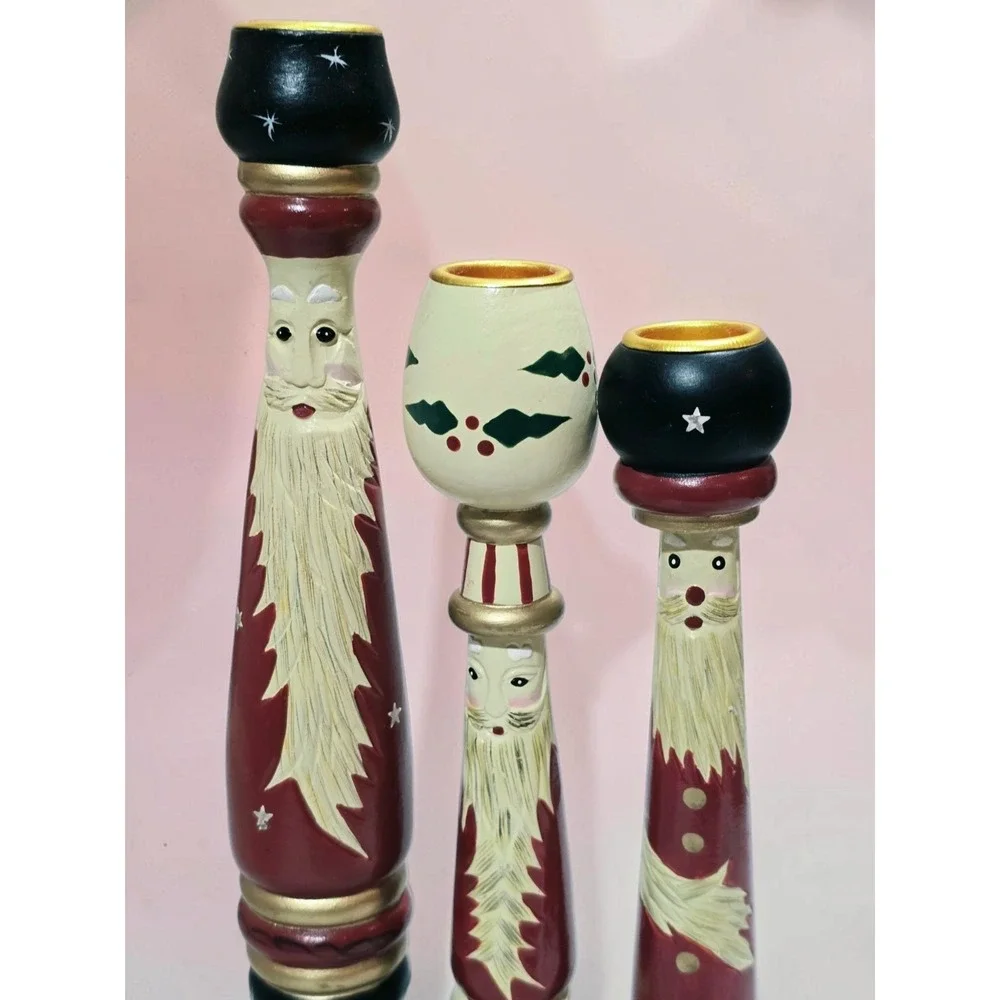 Set of 3 HOUSE OF LLOYD Christmas Around The World Wooden Candlestick Holders